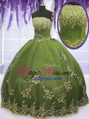 Simple Olive Green Ball Gowns Appliques Quince Ball Gowns Zipper Tulle Sleeveless Floor Length