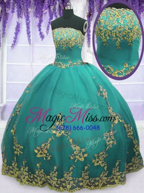 Modest Ball Gowns Ball Gown Prom Dress Aqua Blue Strapless Tulle Sleeveless Floor Length Zipper