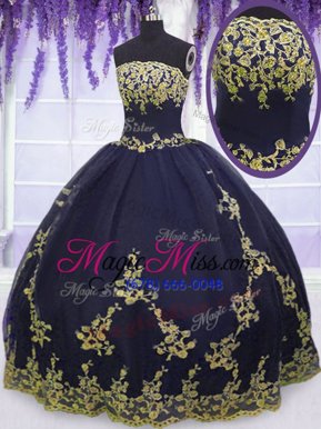 Eye-catching Navy Blue Zipper Strapless Appliques Quince Ball Gowns Tulle Sleeveless