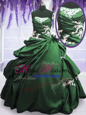 Hot Selling Strapless Sleeveless Taffeta Ball Gown Prom Dress Appliques and Pick Ups Lace Up