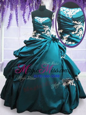 Teal Taffeta Lace Up Quinceanera Gowns Sleeveless Floor Length Appliques and Pick Ups