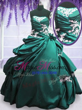 Turquoise Lace Up Strapless Appliques and Pick Ups Ball Gown Prom Dress Taffeta Sleeveless