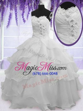 Beautiful Silver Organza Lace Up Sweetheart Sleeveless Floor Length Vestidos de Quinceanera Beading and Ruffled Layers