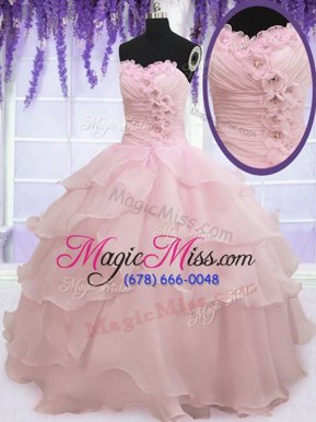 Dazzling Sleeveless Floor Length Ruffled Layers Lace Up Quinceanera Gown with Baby Pink