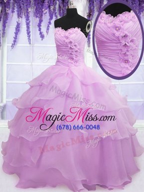 Customized Sleeveless Beading and Ruffled Layers and Hand Made Flower Lace Up Quinceanera Gowns