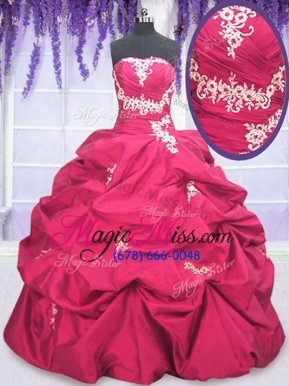 Flirting Long Sleeves Taffeta Asymmetrical Lace Up Ball Gown Prom Dress in Hot Pink for with Appliques and Pick Ups