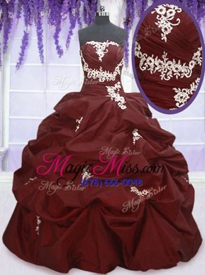 Customized Floor Length Lace Up Quinceanera Gown Burgundy and In for Military Ball and Sweet 16 and Quinceanera with Appliques and Pick Ups