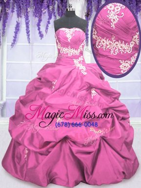 Admirable Rose Pink Taffeta Lace Up 15th Birthday Dress Sleeveless Floor Length Appliques and Pick Ups