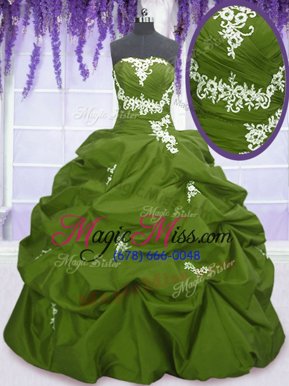 New Style Floor Length Lace Up Sweet 16 Dress Olive Green and In for Military Ball and Sweet 16 and Quinceanera with Appliques and Pick Ups