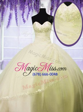 Elegant Light Yellow Sweetheart Lace Up Appliques Ball Gown Prom Dress Sleeveless