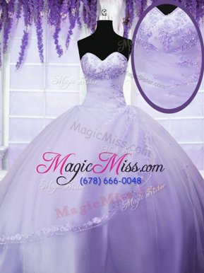 Decent Lavender Ball Gowns Appliques Sweet 16 Dress Lace Up Tulle Sleeveless Floor Length