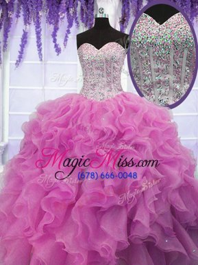 Trendy Sequins Rose Pink Sleeveless Organza Lace Up Quinceanera Dress for Military Ball and Sweet 16 and Quinceanera