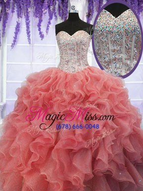 Pretty Coral Red Sleeveless Floor Length Ruffles and Sequins Lace Up 15 Quinceanera Dress