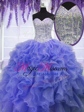 Custom Design Sequins Purple Sleeveless Organza Lace Up 15 Quinceanera Dress