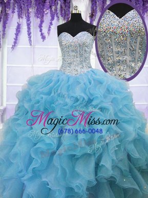 Pretty Sweetheart Sleeveless Quinceanera Gowns Floor Length Ruffles and Sequins Baby Blue Organza