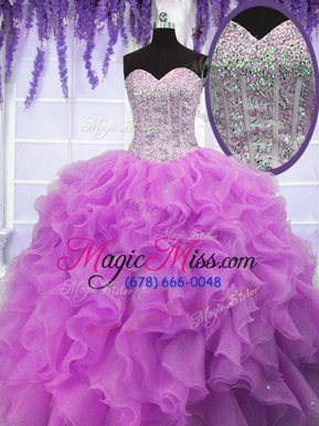 Unique Floor Length Lace Up 15 Quinceanera Dress Fuchsia and In for Military Ball and Sweet 16 and Quinceanera with Ruffles