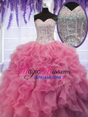 Customized Rose Pink Sleeveless Ruffles and Sequins Floor Length Sweet 16 Quinceanera Dress