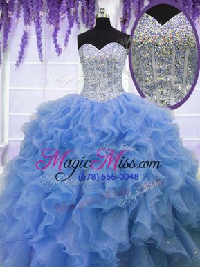 Elegant Floor Length Lace Up Quinceanera Gowns Blue and In for Military Ball and Sweet 16 and Quinceanera with Beading and Ruffles