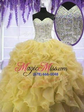 Decent Yellow Lace Up Sweetheart Beading and Ruffles Quinceanera Gowns Organza Sleeveless