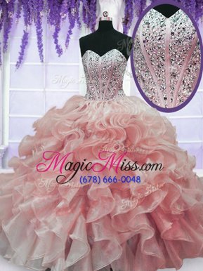 Enchanting Watermelon Red Sleeveless Floor Length Beading and Ruffles Lace Up 15 Quinceanera Dress