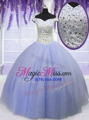 Ideal Off The Shoulder Short Sleeves 15 Quinceanera Dress Floor Length Beading Lavender Tulle