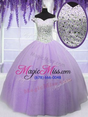 Classical Off the Shoulder Floor Length Ball Gowns Short Sleeves Lavender Quinceanera Dress Lace Up