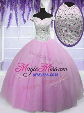 Fabulous Lilac Tulle Lace Up Off The Shoulder Short Sleeves Floor Length Vestidos de Quinceanera Beading
