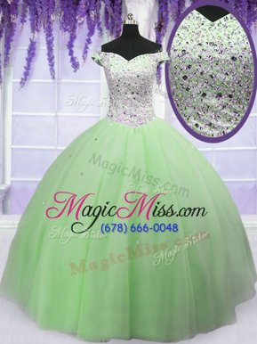Sweet Off the Shoulder Tulle Short Sleeves Floor Length Sweet 16 Quinceanera Dress and Beading