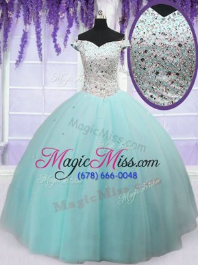 Classical Ball Gowns Quinceanera Gowns Light Blue Off The Shoulder Tulle Short Sleeves Floor Length Lace Up