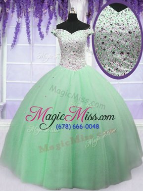 Hot Selling Off the Shoulder Sleeveless Tulle Floor Length Lace Up Quinceanera Gowns in Apple Green for with Beading