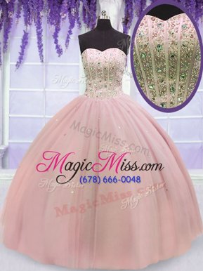 Most Popular Sleeveless Tulle Floor Length Lace Up Sweet 16 Dresses in Baby Pink for with Beading