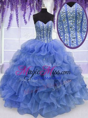 Great Blue Sleeveless Organza Lace Up Quince Ball Gowns for Military Ball and Sweet 16 and Quinceanera