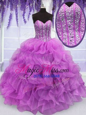 Glittering Floor Length Lilac Quinceanera Gown Organza Sleeveless Beading and Ruffles