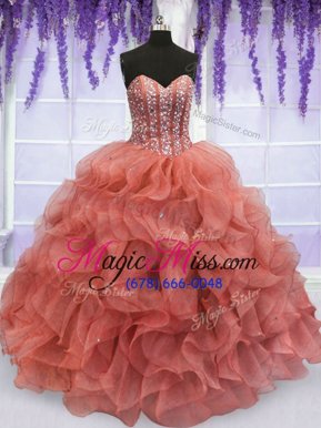 Sweet Floor Length Lace Up Sweet 16 Quinceanera Dress Watermelon Red and In for Military Ball and Sweet 16 and Quinceanera with Beading and Ruffles