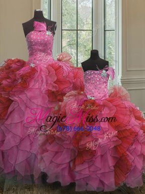 Fitting Organza Strapless Sleeveless Lace Up Beading and Ruffles Sweet 16 Dresses in Multi-color