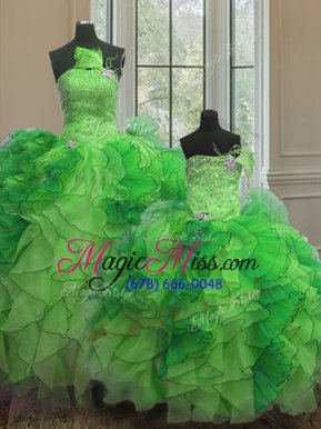 Hot Selling Organza Strapless Sleeveless Lace Up Beading and Ruffles Vestidos de Quinceanera in Green