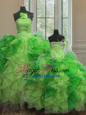 Artistic Multi-color Lace Up Strapless Beading and Ruffles Quinceanera Dress Organza Sleeveless