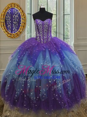 Unique Sweetheart Sleeveless Quinceanera Dresses Floor Length Beading and Ruffles and Sequins Multi-color Tulle