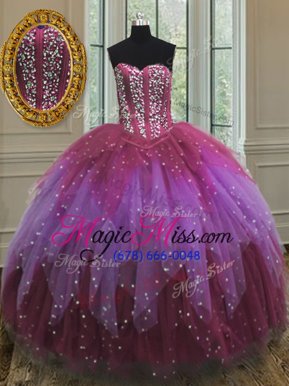 Dynamic Multi-color Ball Gowns Sweetheart Sleeveless Tulle Floor Length Lace Up Beading and Ruffles and Sequins Sweet 16 Quinceanera Dress
