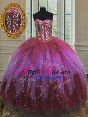 Modest Multi-color Ball Gowns Sweetheart Sleeveless Tulle Floor Length Lace Up Beading and Ruffles and Sequins Vestidos de Quinceanera