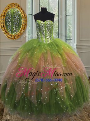 Unique Sweetheart Sleeveless Quinceanera Gowns Floor Length Beading and Ruffles and Sequins Multi-color Tulle