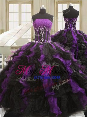 Floor Length Ball Gowns Sleeveless Black And Purple 15 Quinceanera Dress Lace Up