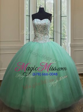 Comfortable Apple Green Tulle Lace Up Sweetheart Sleeveless Floor Length Quinceanera Dresses Beading