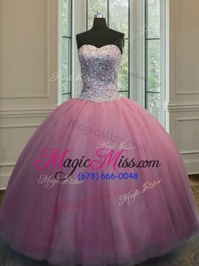 Charming Sleeveless Floor Length Beading Lace Up Quinceanera Dresses with Baby Pink