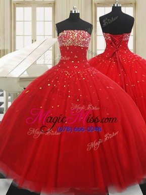 Dynamic Red Strapless Neckline Beading Sweet 16 Quinceanera Dress Sleeveless Lace Up