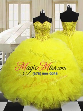 High Quality Light Yellow Sleeveless Tulle Lace Up Quinceanera Dresses for Military Ball and Sweet 16 and Quinceanera