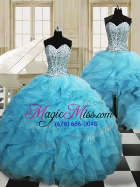 Best Selling Three Piece Baby Blue Sweetheart Neckline Beading and Ruffles Ball Gown Prom Dress Sleeveless Lace Up