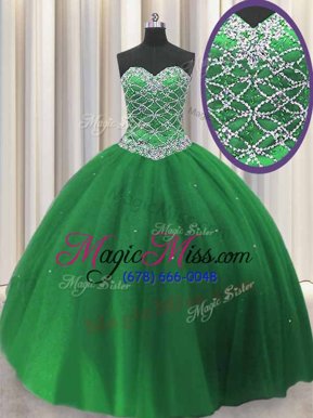 Sweet Sweetheart Sleeveless Sweet 16 Dress Floor Length Beading Green Tulle