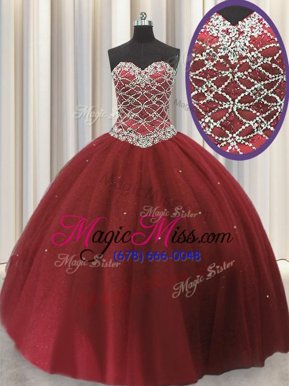 Cute Floor Length Lace Up Sweet 16 Dresses Red and In for Military Ball and Sweet 16 and Quinceanera with Beading and Sequins
