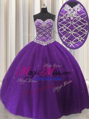 Traditional Sleeveless Tulle Floor Length Lace Up Quinceanera Gowns in Eggplant Purple for with Beading and Sequins